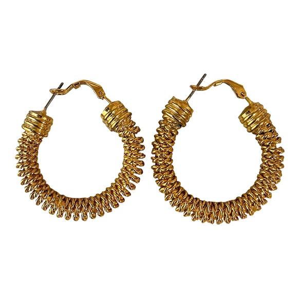 1990s Textured Gold Coiled Wired Rope Hoop Earrings | Statement Pierced Jewelry - Picture 3 of 3